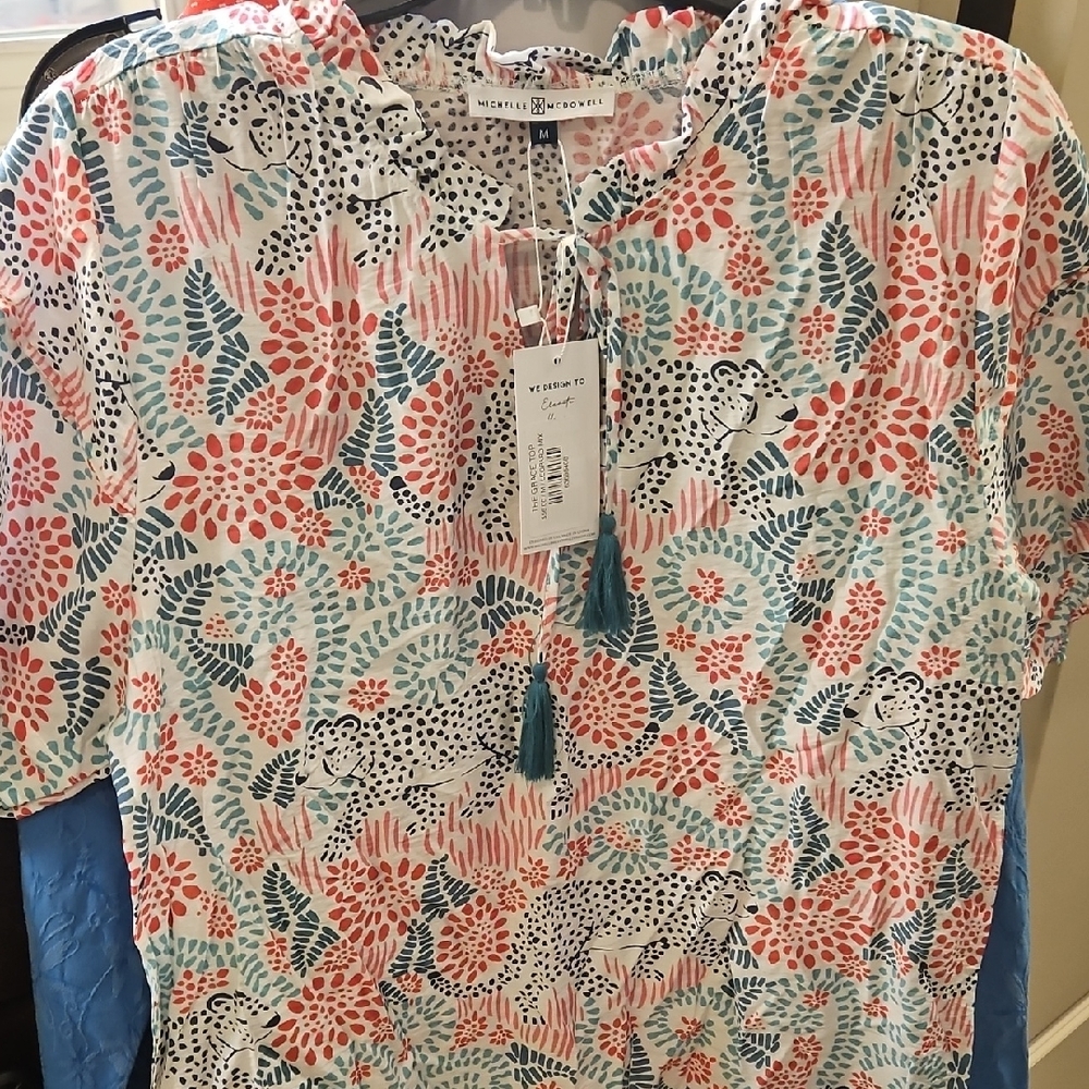 Michelle Mcdowell Ruffled Pink and Green Blouse with Mandarin Collar